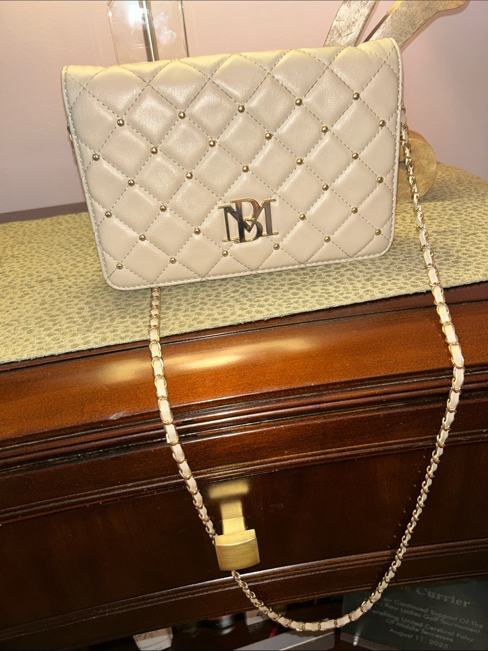 Badgley Mischka Quilted Cream Crossbody with Gold Chain
